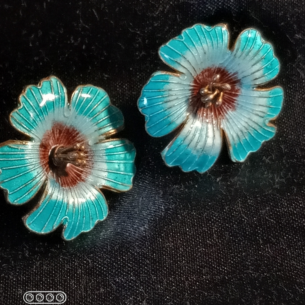 Vintage Blue Lacquer Flower Earrings